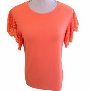 Style U  Orange Sherbet Jersey Knit Lace Sleeve Top L